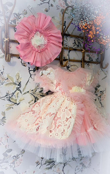 Ela Confeccion SS25 Spanish Girls Pink & Cream Tulle & Lace Puffball Dress ~ IN STOCK NOW