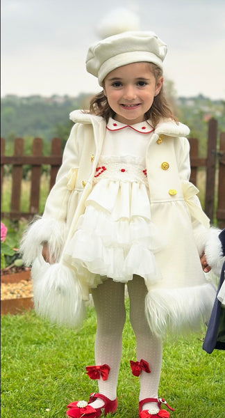 Sonata Infantil AW25 Spanish Girls Cream Winter Fur Trimmed Coat IN2509 - MADE TO ORDER