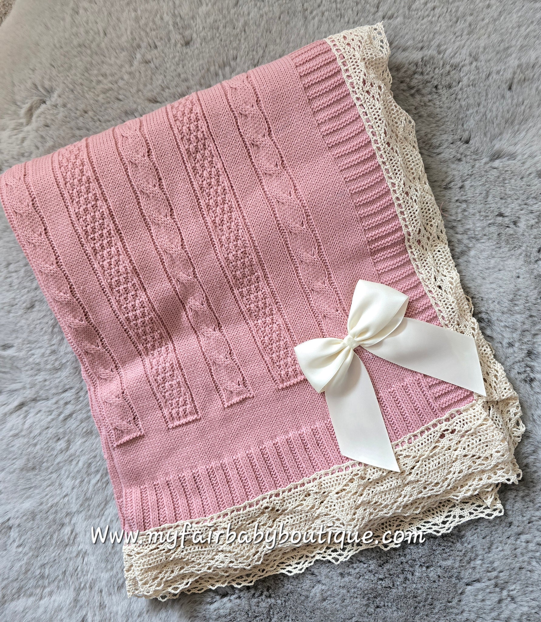 Spanish Baby Girls Dusky Pink Lace & Bow Shawl / Blanket