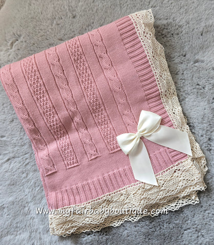 Spanish Baby Girls Dusky Pink Lace & Bow Shawl / Blanket