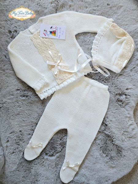 Spanish Creaciones Gavidia Unisex Baby Cream Knitted 3pc Lace Set 2124