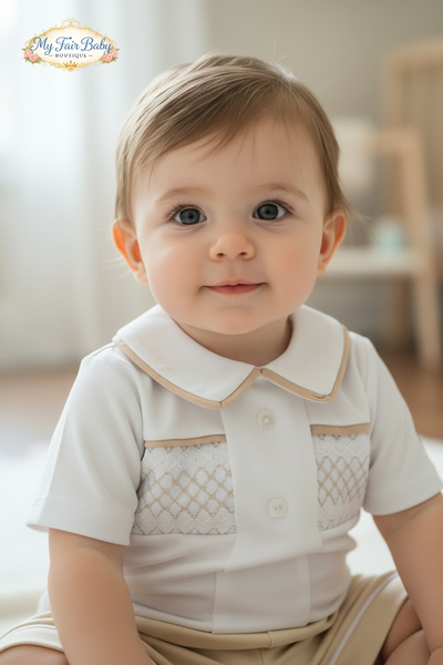 Spanish Baby Boys White & Beige Smocked Cotton Short Set ~ 3-18m