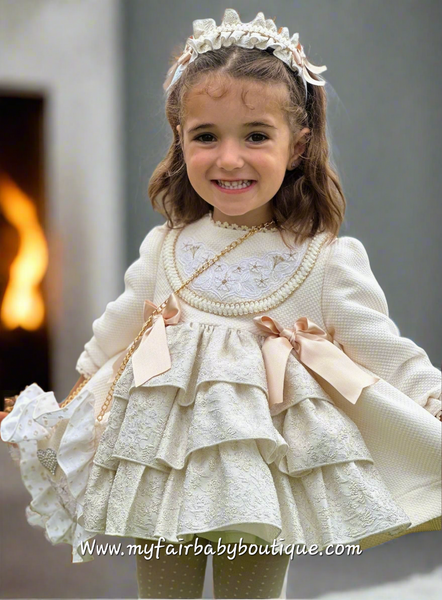 Sonata Infantil AW25 Spanish Girls Cream & Gold Christmas Puffball Dress IN2516 ~ MADE TO ORDER