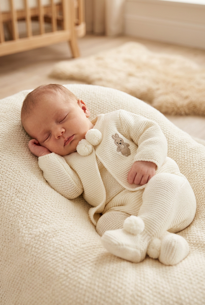 Spanish Baby Boys Cream Bunny Knitted Pom Pom Trouser & Cardigan Set - 1-12m