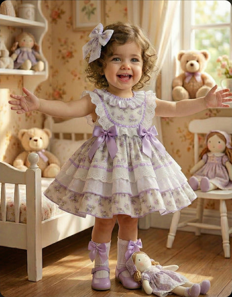 Sonata Infantil SS26 Girls Lilac Floral Puffball Dress VE2609 ~ MADE TO ORDER