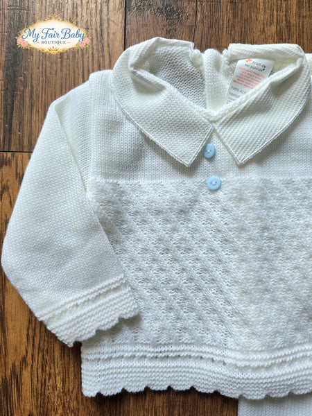 Spanish Baby Boys White & Blue Knitted 3PC Set ~ 0-3 months