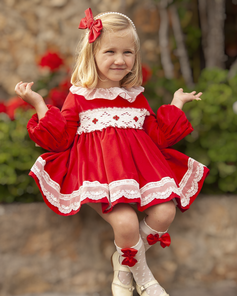 Sonata Infantil Spanish Girls Red Smocked Puffball Dress & Hairclip IN2343 - 3 Years ~ IN STOCK NOW