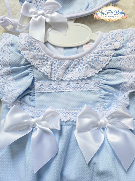 Spanish Baby Girls Blue Waffle Summer Romper & Bonnet Set M002L