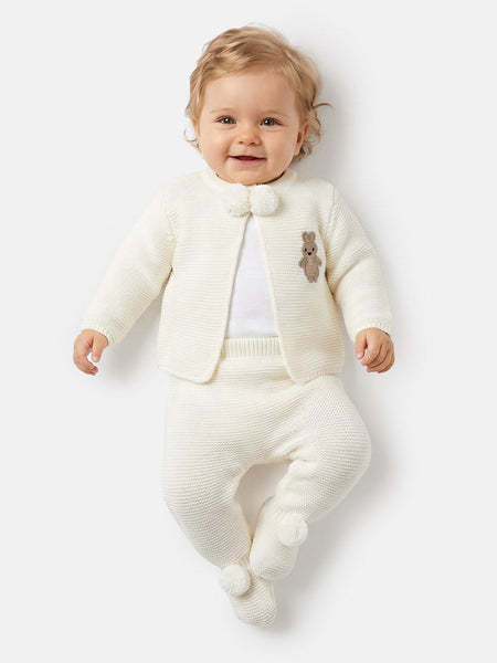 Spanish Baby Boys Cream Bunny Knitted Pom Pom Trouser & Cardigan Set - 1-12m