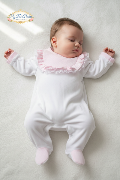 Spanish Baby Girls White & Pink Frill Velour Sleepsuit/Babygrow ~ NB-6m