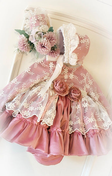 Ela Confeccion AW26 Spanish Girls Dusky Pink Lacey Puffball Dress - MADE TO ORDER