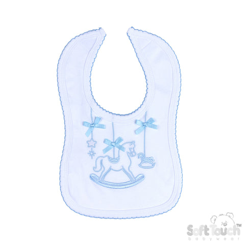 Baby Boys White & Blue Rocking Horse Bib