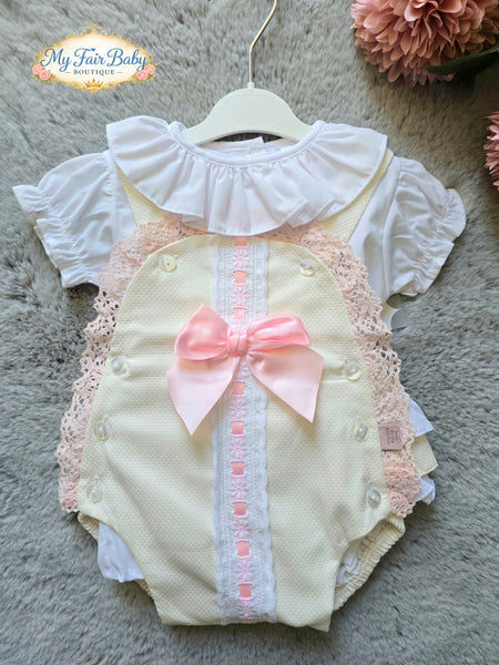 Spanish Baby Girls Cream & Pink Waffle Bow Romper M002C