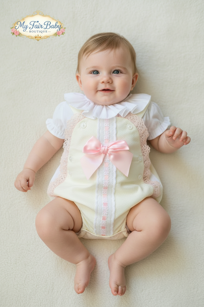 Spanish Baby Girls Cream & Pink Waffle Bow Romper M002C