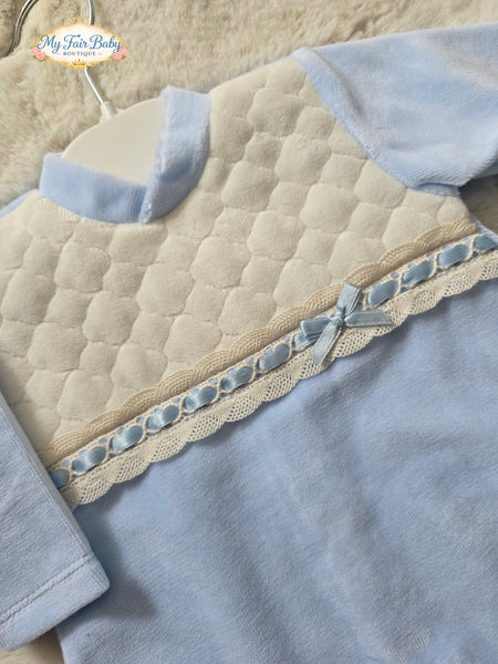 Spanish Baby Boys Blue & Cream Velour Sleepsuit/Babygrow