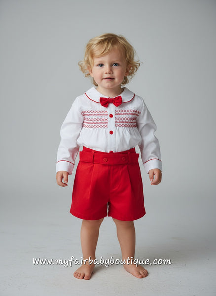 Mabini Traditional Spanish Boys Red Smocked 3pc Christmas Short Set 6130 ~ 0-4y