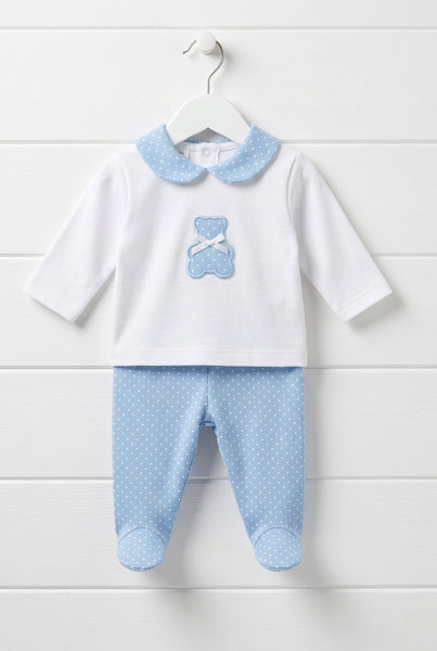 Spanish Baby Boys White & Blue Cotton Teddy 2pc ~ NB-6m