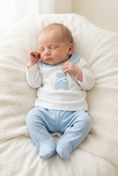 Spanish Baby Boys White & Blue Cotton Teddy 2pc ~ NB-6m