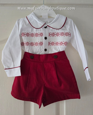 Mabini Traditional Spanish Boys Burgundy Smocked Christmas Short Set 2828 ~ 0-4y