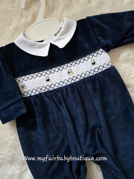 Spanish Baby Boys Navy Smocked Teddy Bear Velour Sleepsuit/Babygrow 2534