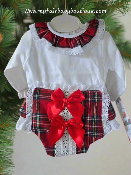 Spanish Baby Girls Red Tartan Bow Jam Pant Set ~ 3-18m