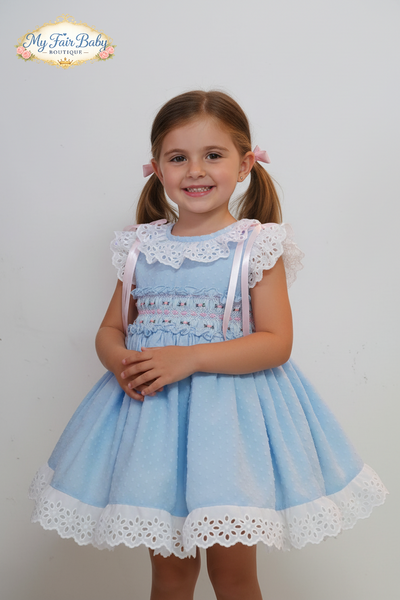 Sonata Infantil Spanish Girls Blue & Pink Plumetti Smocked Puffball Dress MOD322 - MADE TO ORDER