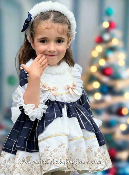 Sonata Infantil AW25 Spanish Girls Navy & Gold Lace Christmas Puffball Dress IN2513 ~ MADE TO ORDER