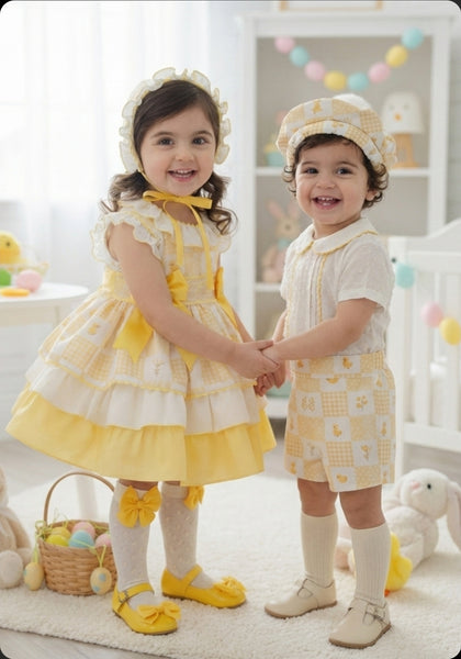 Sonata Infantil SS26 Girls Lemon Easter Chick Puffball Dress VE2603 ~ MADE TO ORDER
