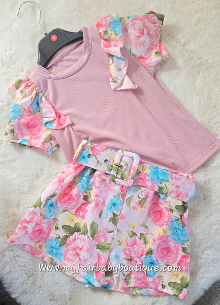 Girls Dusky Pink Top & Floral Short Set - 4-14y