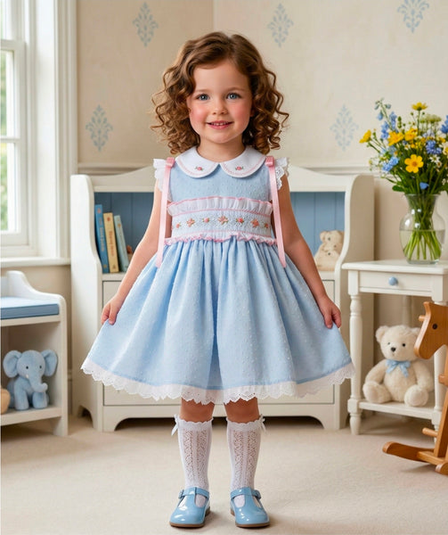 Sonata Infantil Spanish Girls Blue & Pink Plumeti Smocked Puffball Dress VE2509 ~ MADE TO ORDER