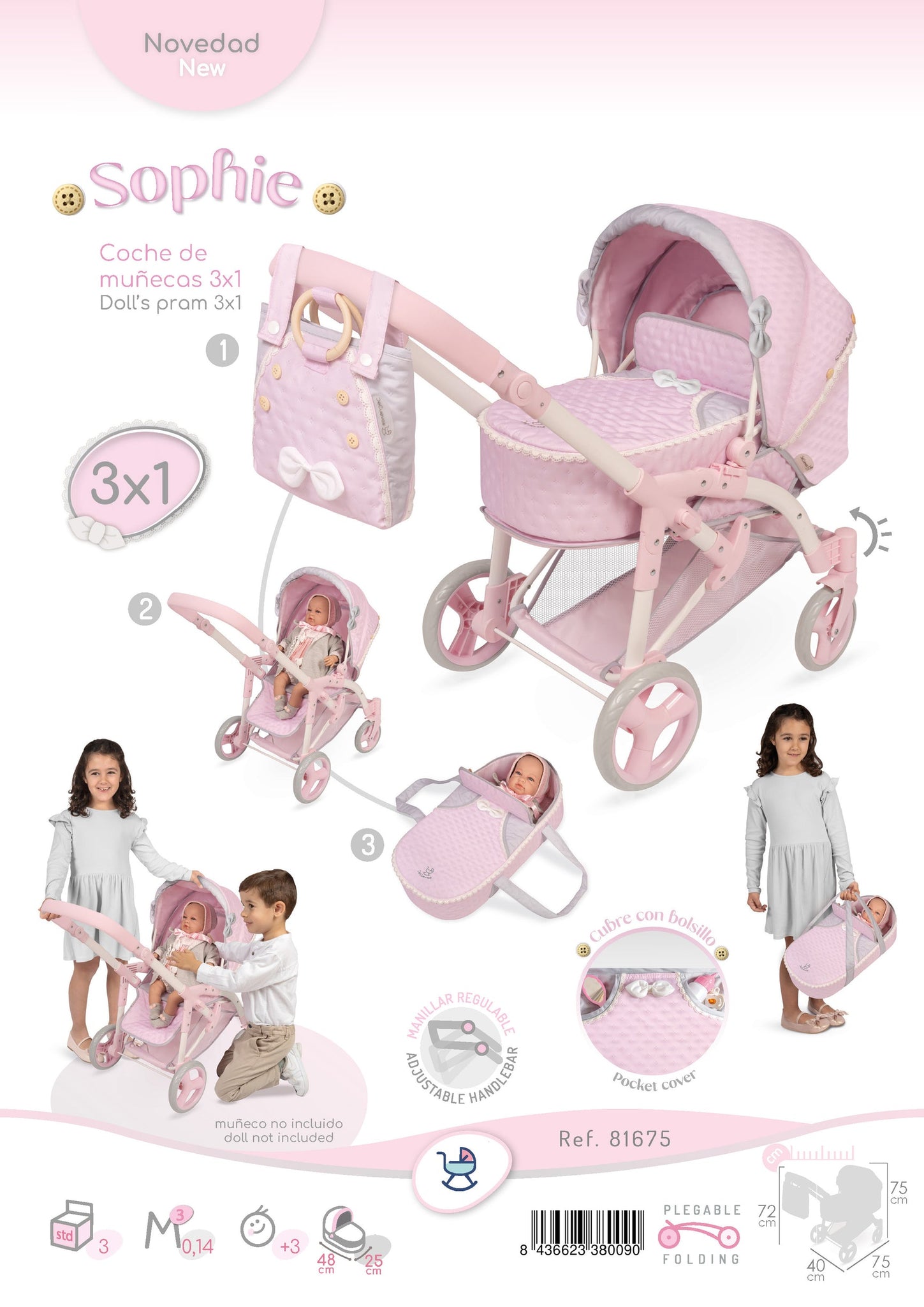 Spanish DeCuevas 3x1 Convertable Pink Sophie Pram 81675 (72cm) - IN STOCK NOW