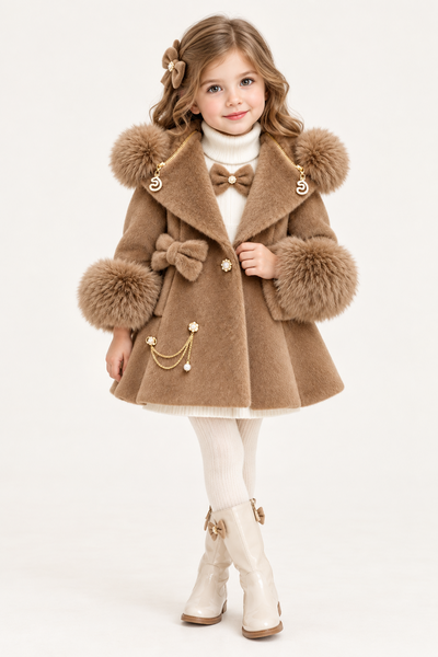 Traditional Girls Camel Fur Winter Coat & Dress Set ~ 2-11y