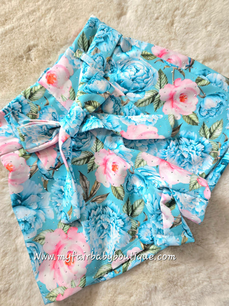 Older Girls Blue Floral Diamanté Short & Top Set ~ 4-14y