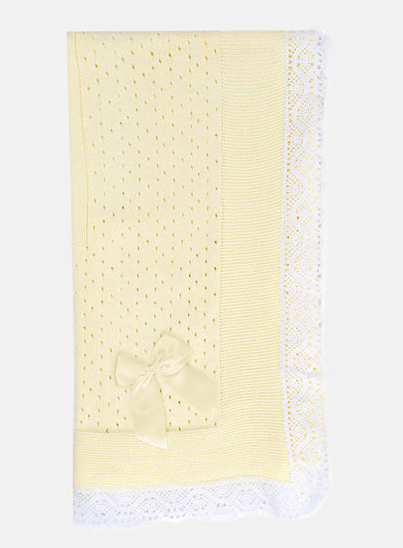 Spanish Unisex Baby Lemon & White Lace & Bow Shawl / Blanket