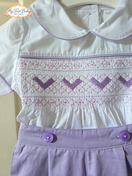 Mabini Traditional Boys White & Lilac Smocked Short Set ~ 0-4y