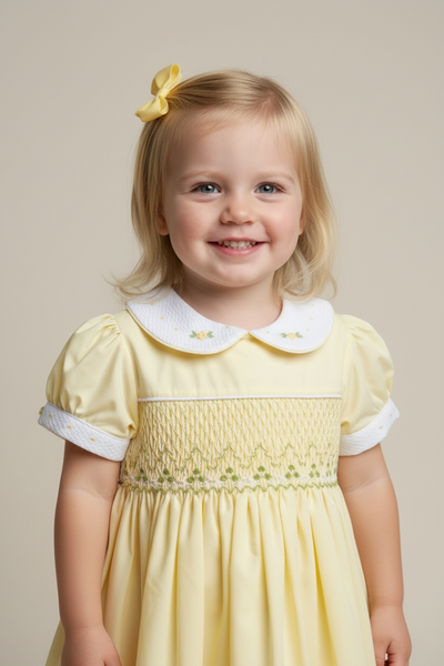 Spanish Girls Hand Smocked Lemon Yellow Cotton Puffball Dress 2610