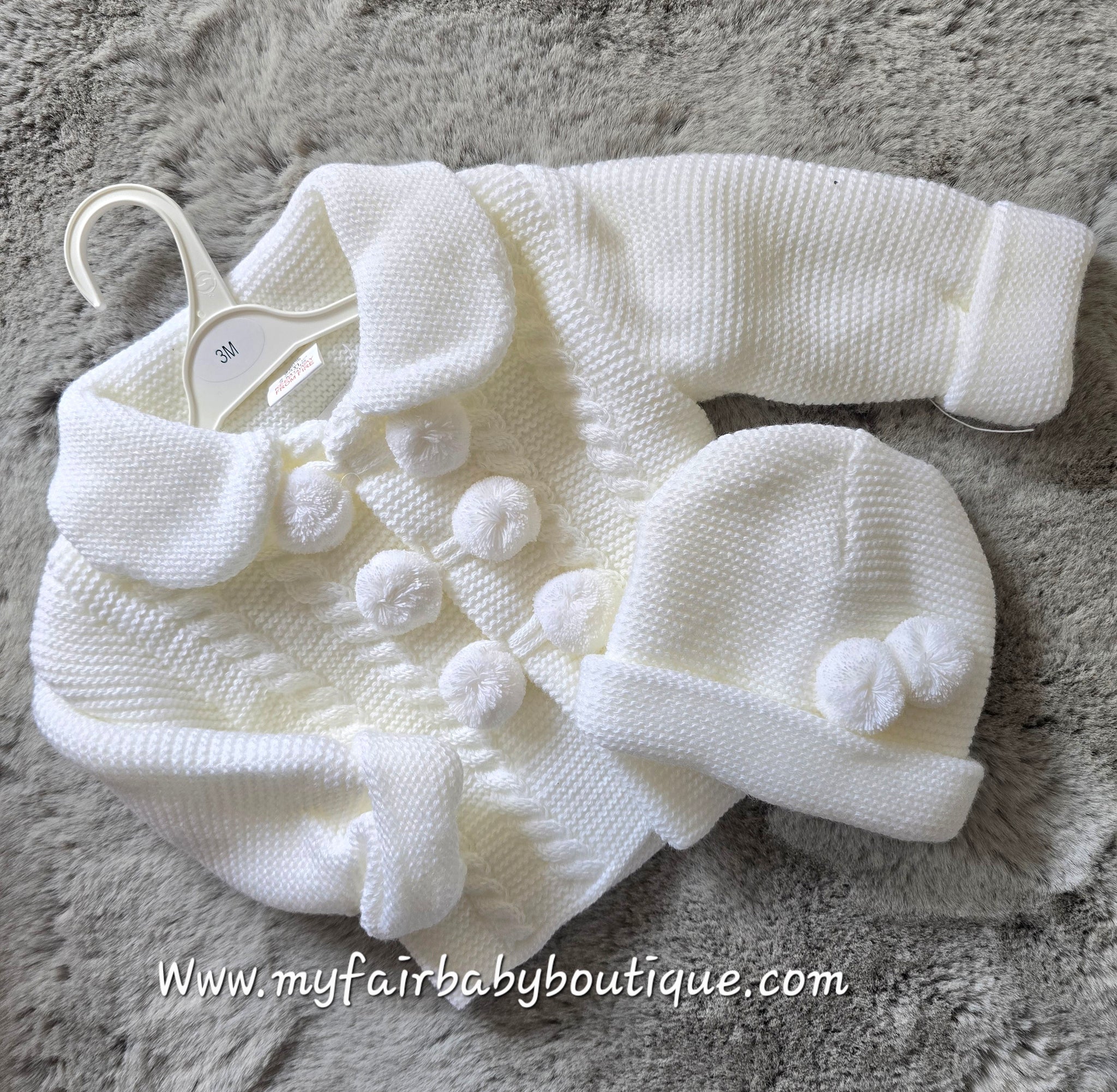 Spanish Unisex Baby White Knitted Pom Pom Jacket & Hat Set ~ 6-18m