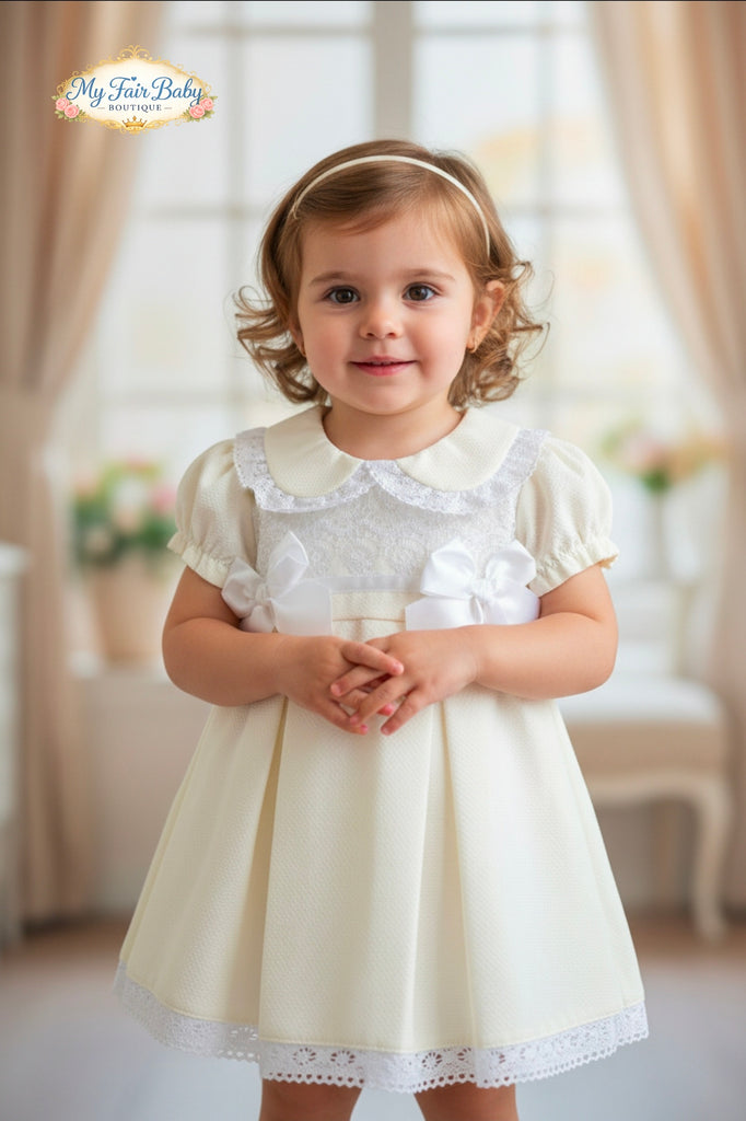 Spanish Baby Girls Cream Pique Pleated Dress V004C ~ 3-36m 36 months