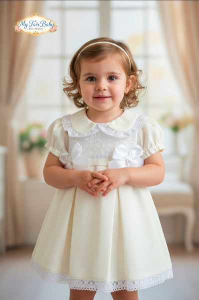 Spanish Baby Girls Cream Pique Pleated Dress V004C ~ 3-36m