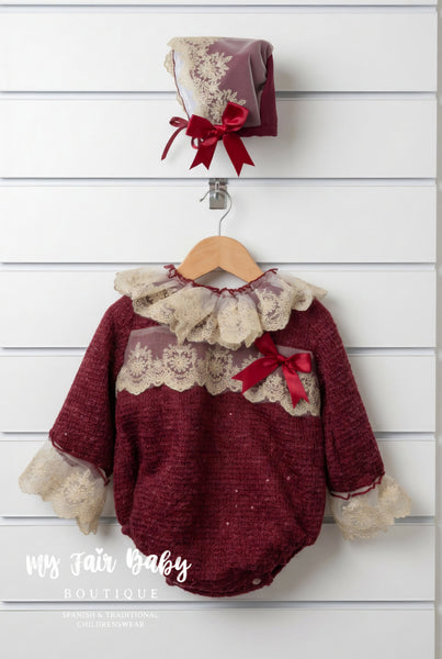 Ela Confeccion Spanish Girls Burgundy Lace Trimmed Romper & Bonnet Set  - IN STOCK NOW