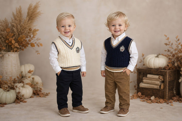 Beau Kid Traditional Boys Cream & Navy Tank Top 3pc Set 2802