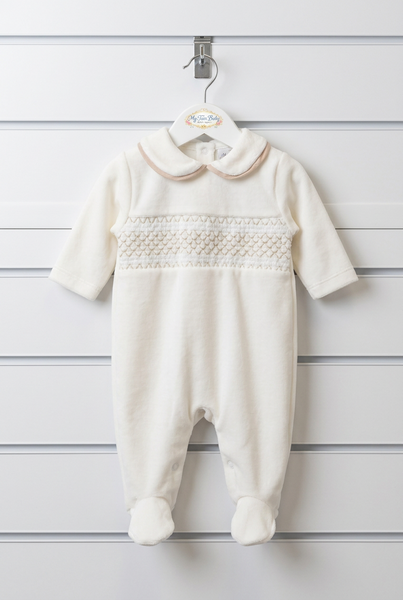 Spanish Baby Boys Cream & Camel Smocked Velour Sleepsuit/Babygrow