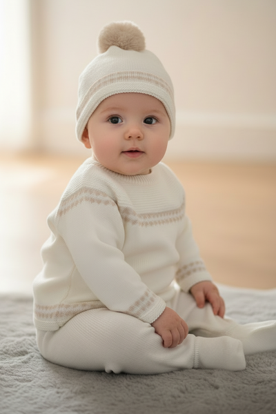Spanish Unisex Baby Cream & Camel Knitted 3PC Set C2024 - 3-9M