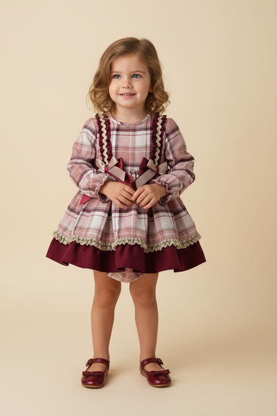 Ceyber AW25 Spanish Girls Burgundy Check Dress B2530 ~ 12m-8y