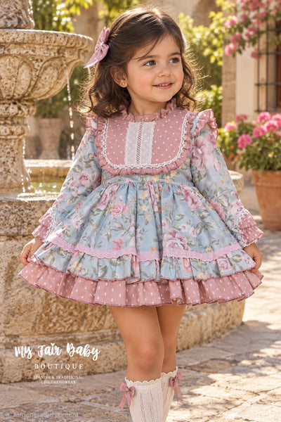 La Amapola Spanish Girls Blue & Pink Floral Dress ~ 3y