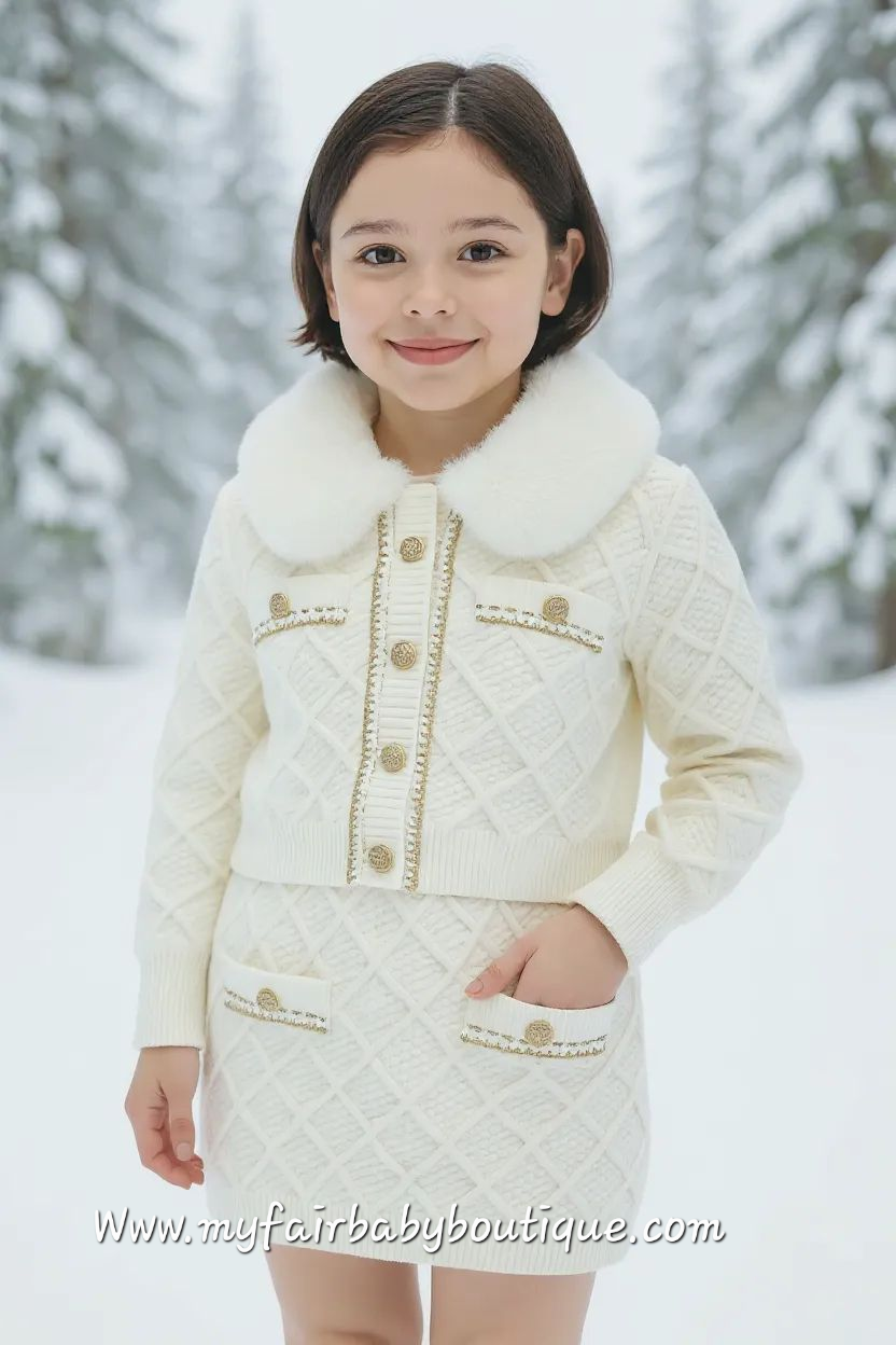 Girls Cream Diamond Knit Fur Cardigan & Skirt Set ~ 4-8y