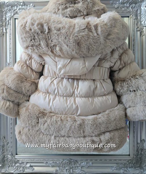 Girls Beige Hooded Fur Puffer Coat/Jacket - 1-6y