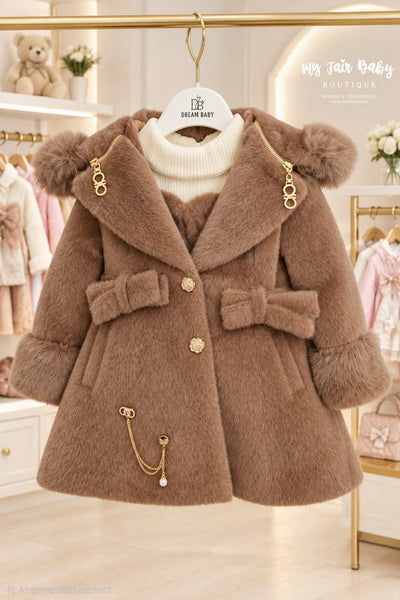 Traditional Girls Camel Fur Winter Coat & Dress Set ~ 2-11y