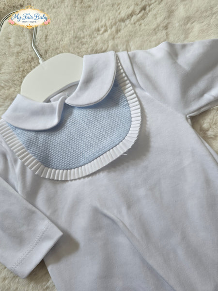 Spanish Baby Boys White & Blue Cotton Sleepsuit/Babygrow