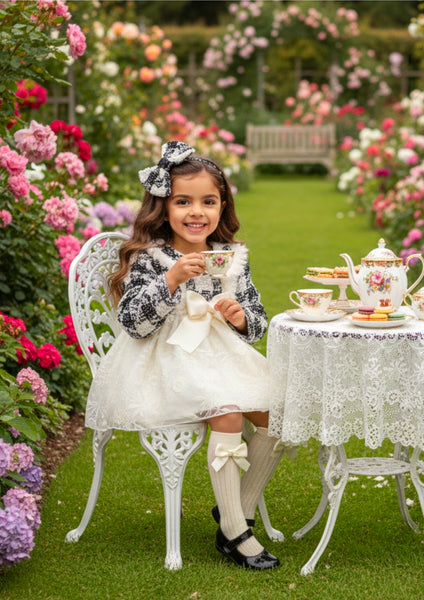 Sonata Infantil Spanish Girls Cream Lace & Tweed Puffball Dress IN2301- MADE TO ORDER